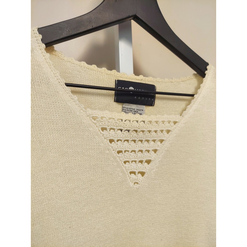 Sag Harbor Petite Cream Crochet V-Neck Ramie Blend Knit Sweater Top PXS Coquette - Picture 2 of 9